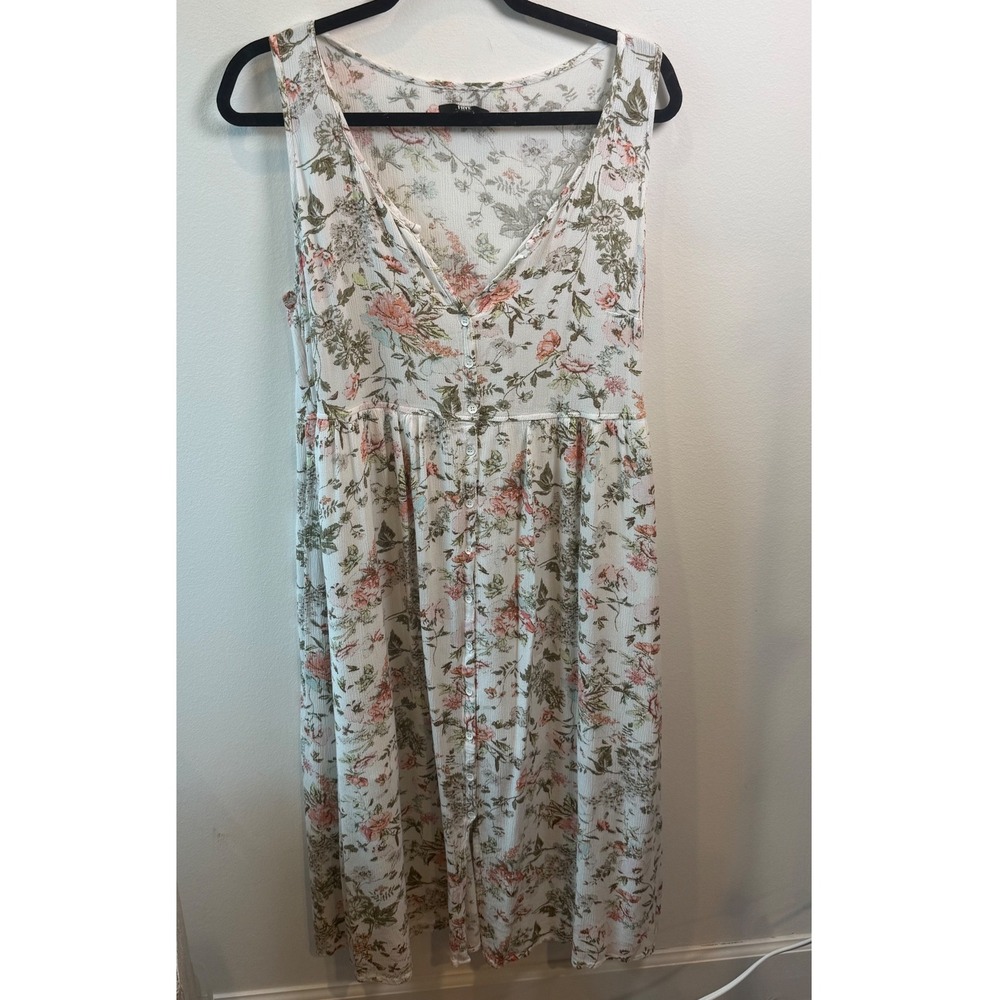 Frye Floral Button Down Midi Dress Cream Peach Sage Sleeveless V-Neck Large